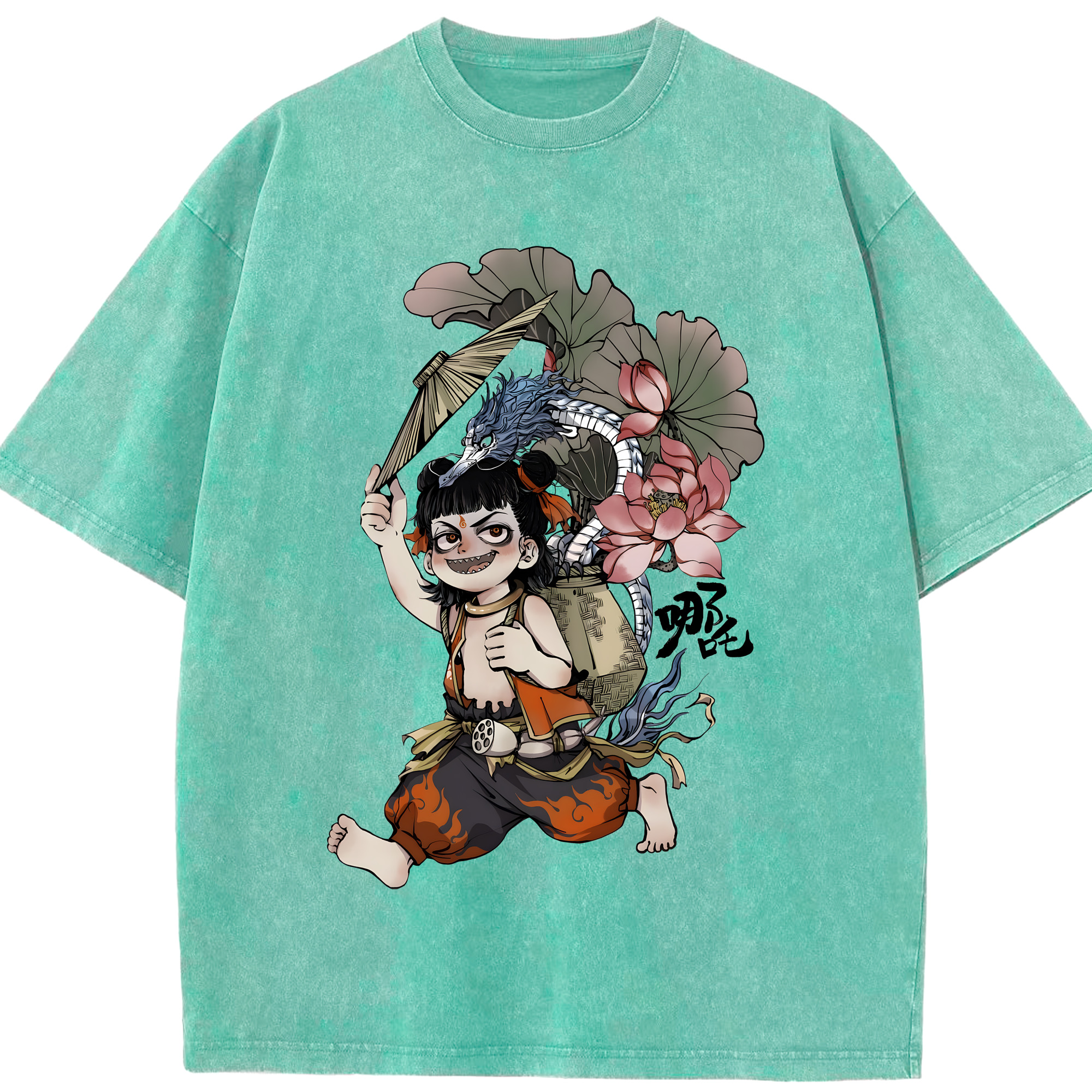 （画像用） Ne Zha 2 ナタ 魔童の大暴れ 綿100% ヴィンテージ風 半袖Tシャツ（フロントプリント）